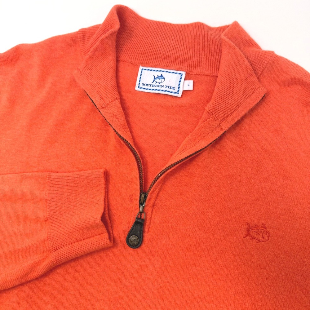 Southern Tide Mens Large Orange Cotton Blend 1/4 Zip Skipjack Logo Sweater
